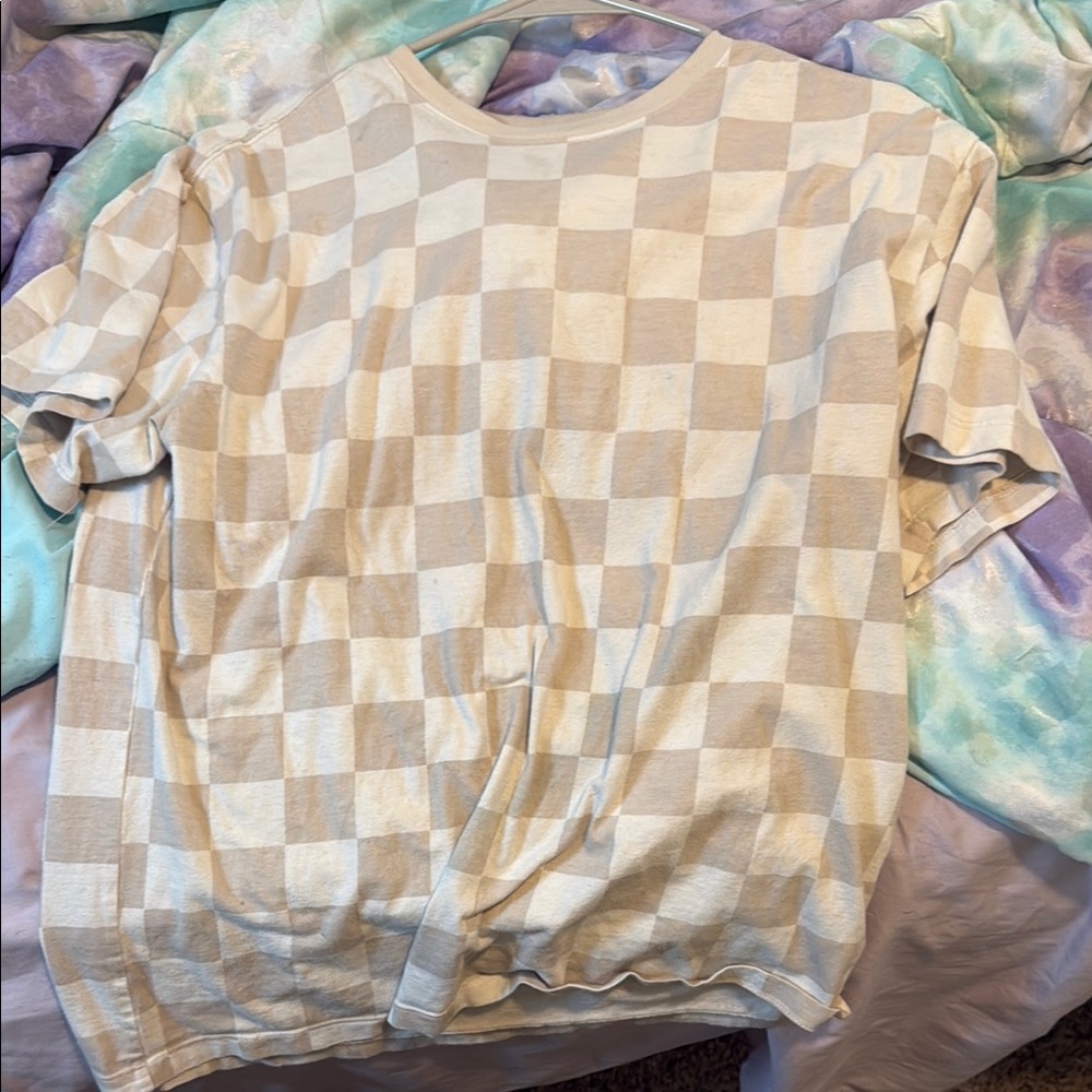 Wonder Nation Beige and White Checkered Short Sleeve Tee